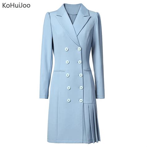 Kohuijoo Fall Long Blazer Dress Women Double Breasted Elegant Ladies Office Pleated Dresses
