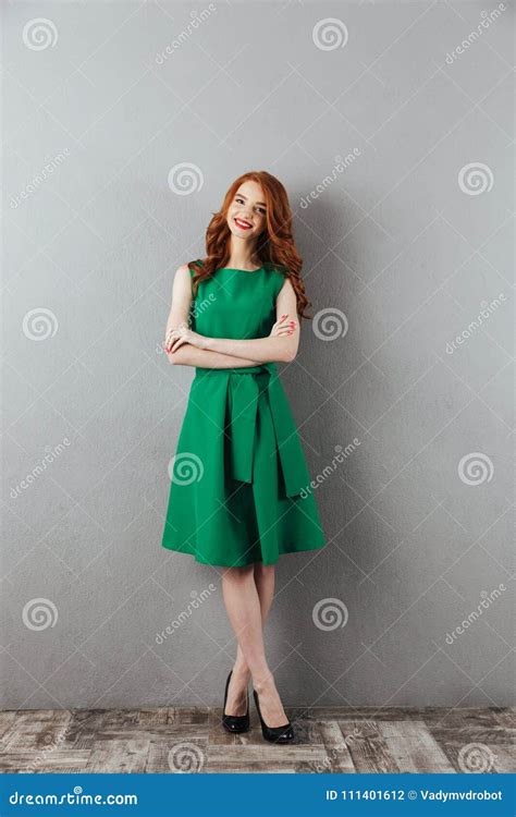 Cheerful Redhead Young Lady In Green Dress Stock Photo Image Of Lady