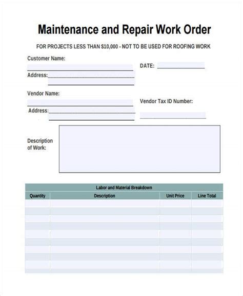 Printable Maintenance Work Order Template
