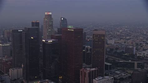 48k Stock Footage Aerial Video Fly Between City National Plaza And Aon