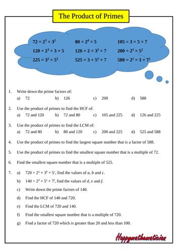 The Product Of Primes Worksheet Including Hcf And Lcm Answers Teaching Resources