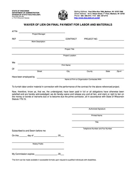 Printable Wisconsin Lien Waiver Form Printable World Holiday