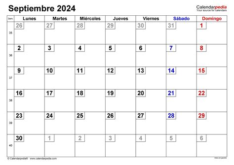 Calendario Septiembre 2024 En Word Excel Y Pdf Calendarpedia