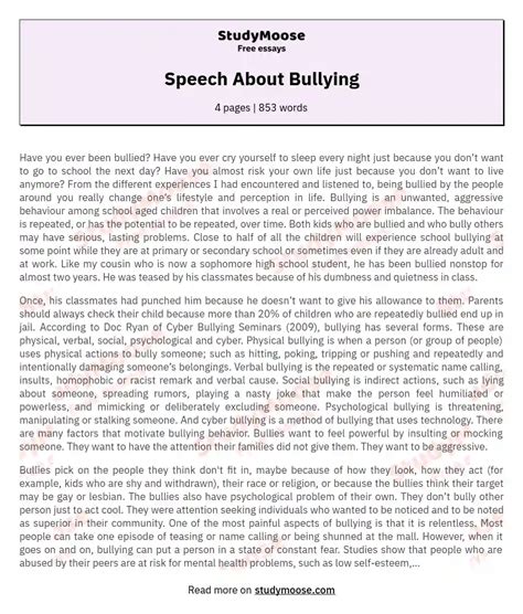 Speech About Bullying Free Essay Example