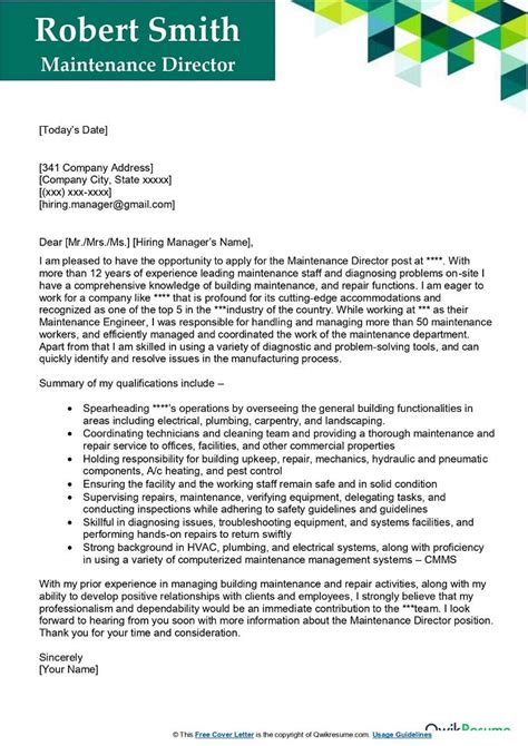 Maintenance Director Cover Letter Examples Qwikresume