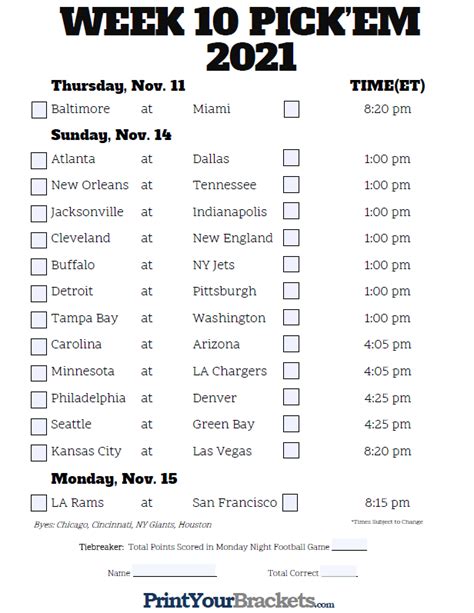 Nfl Week 10 Printable Schedule Customize And Print