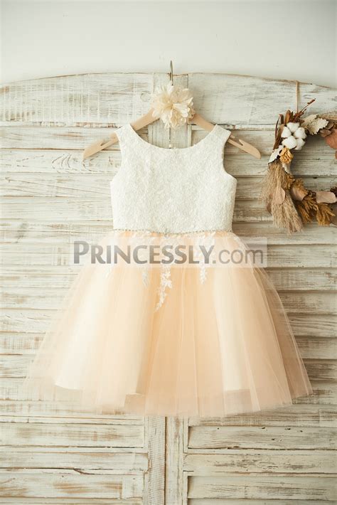 Ivory Lace Appliques Champagne Tulle Flower Girl Dress With Beaded Sash