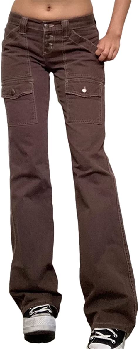 cslada y2k brown vintage with pockets slim cargo pants women low waist jeans wide leg jeans