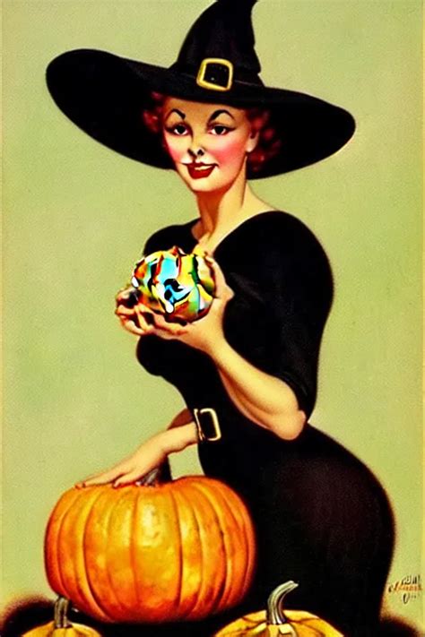 A Beautiful Witch Holding A Pumpkin By Gil Elvgren Stable Diffusion