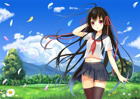 Clouds Flowers Leaves Grass Long Hair Ribbons Seifuku Anime
