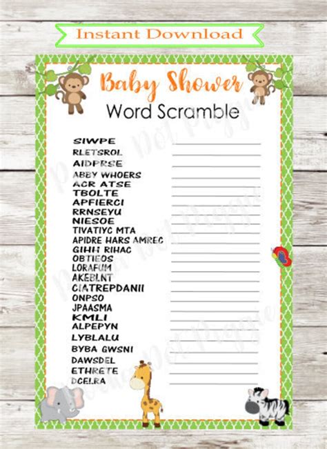 Cute Jungle Animals Safari Word Scramble Baby Shower Game Instant