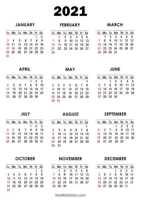 I recommend that you print out the calendars on card stock so that they are more sturdy. 2021 Calendar with Holidays, Printable Free, White - Sunday Start - MatildaStory.com