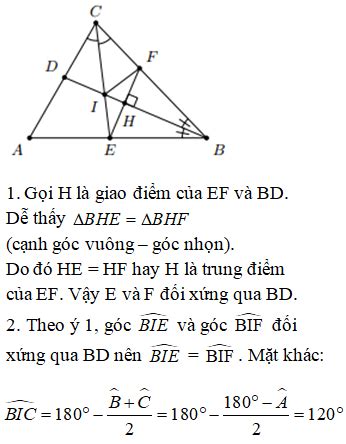 Cho tam giác ABC có góc A độ các đường phân giác BD và CE