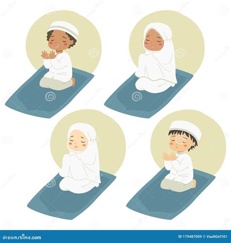 Muslim Kids Praying Cartoon Vector Set Stock Vector Illustration Of