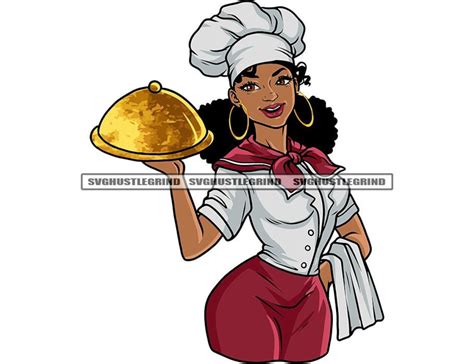 Smiling Black Female Chef Cook Restaurant Gold Plate Food Eat Burgundy