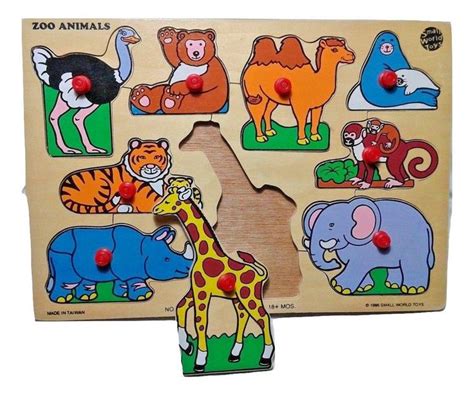 Vintage Small World Toys Peg Puzzle With Tray 9 Zoo Animals Simplex