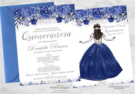 Azul Quince Años Plata Brillo Quinceanera Dulce 16 Invitación Etsy