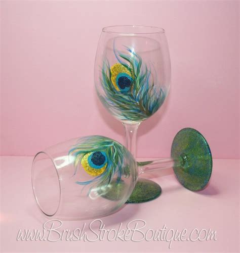 Hand Painted Wine Glass Peacock Feathers Set Original Designs By Cathy Kraemer Hand