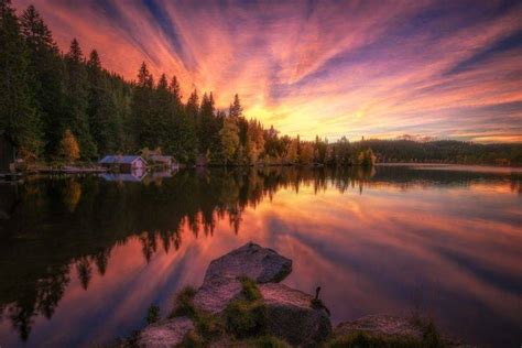 Photography Nature Landscape Lake Sunset Boathouses Forest Sky