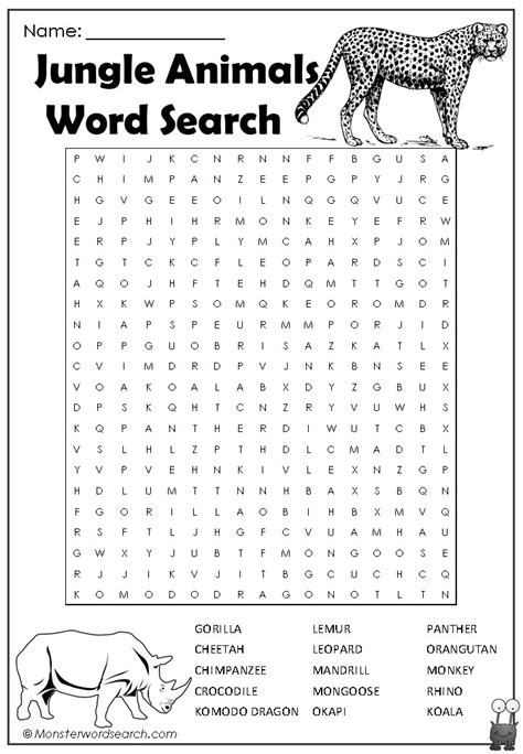 Jungle Animals Word Search Monster Word Search