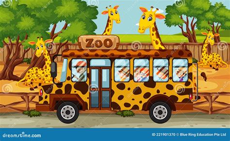 Safari Scene With Many Giraffes And Kids On Tourist Bus Stock Vector