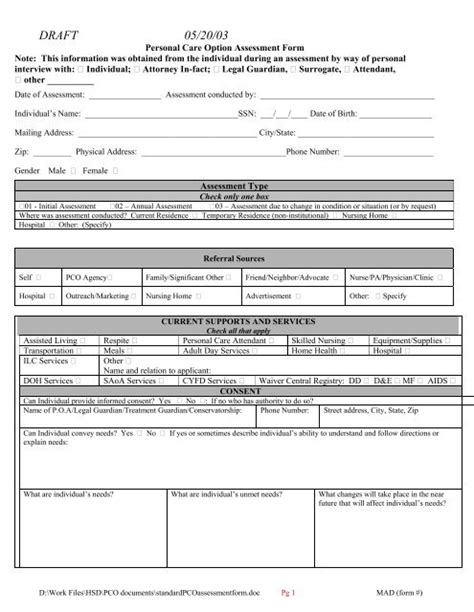 Personal Care Option Assessment Form
