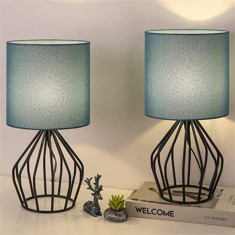 Modern Black Metal Table Lamps Set Of 2 For Bedroom Blue Fabric Shade