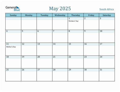 May 2025 Monthly Calendar With South Africa Holidays