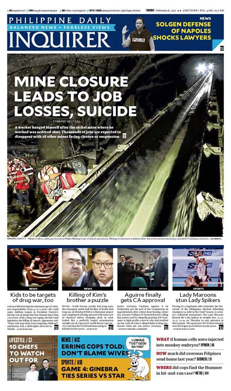 Philippine newspapers offer foreign and filipino news. Page One of the Philippine Daily Inquirer newspaper sets ...