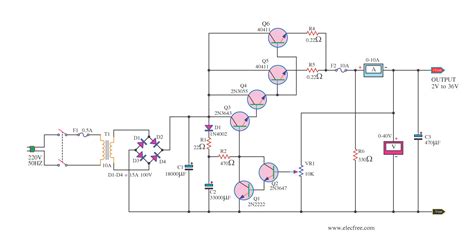 Circuit diagram variable power supply circuit. High Current Variable Voltage Regulator 2-36V 10A - Electronic projects circuits
