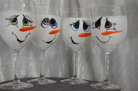 Hand Painted Snowman Wine Glasses Set Of 4