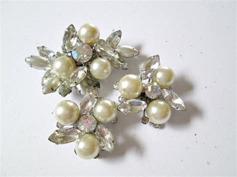 Vintage Judy Lee Brooch Earrings Set Marquise Rhinestone Spray Costume