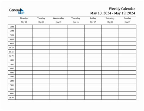 Weekly Calendar With Monday Start For Week 20 May 13 2024 To May 19