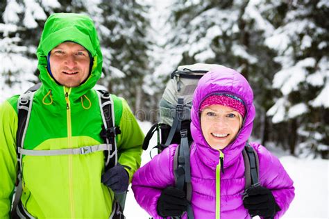 Couple Happy Hikers Trekking In Winter Woods Stock Photo Image Of