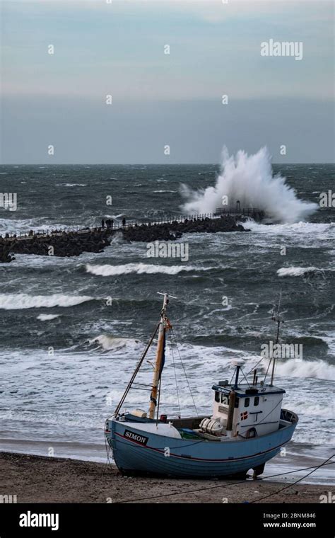 North Sea With Fishing Trawler Wave Breaking At The Breakwater Hi Res