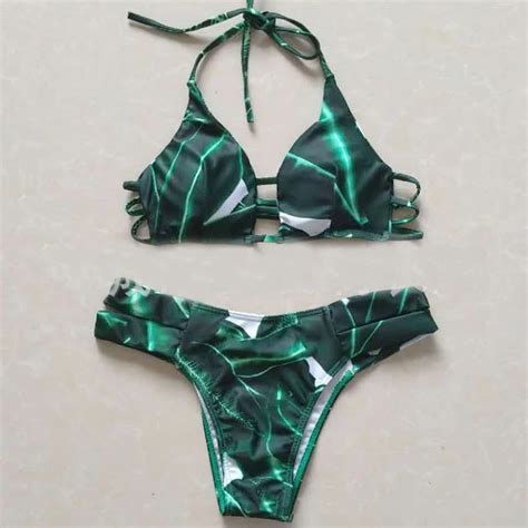 Female Beach Swim Wear Bathing Suit 2018 Brazilian Green Leaves Bikinis Push Up Halter Bandage
