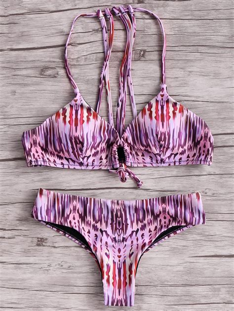 Print Halter Lace Up Bikini Set Purple Bikinis Zaful Nylons Purple