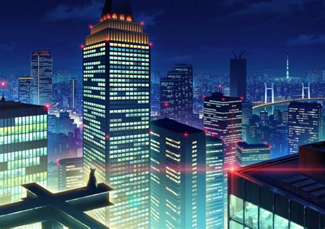 Safebooru Blue Sky Building Cat City Lights Cityscape Clouds Commentary Request From Behind
