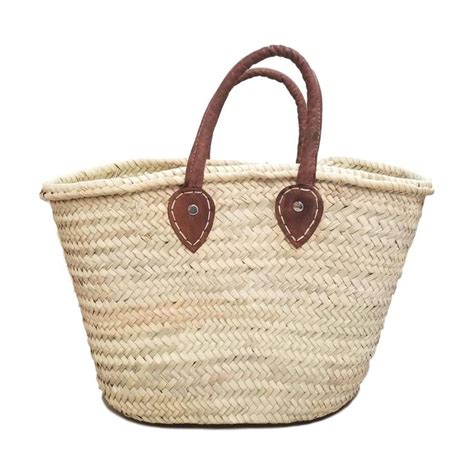 Straw Market Basket With Short Brown Leather Handles French Style