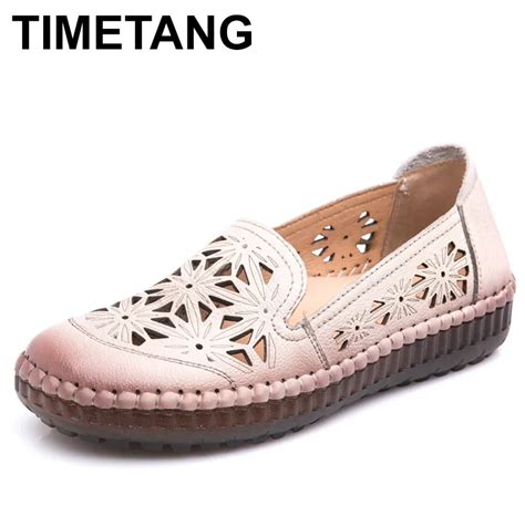 Timetang Fit Wide Foot Handmade Genuine Leather Flat Shoes Women Summer
