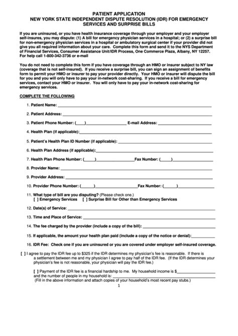Patient Application Form Nys Idr For Emergency Services And Surprise