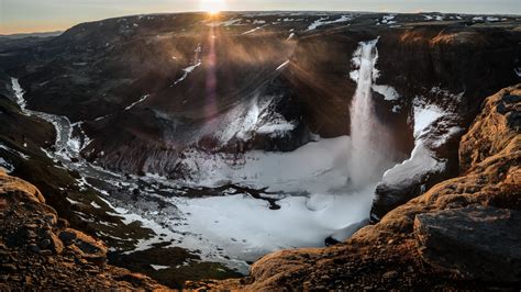 Sunset Haifoss Waterfall Iceland Hd Wallpaper Wallpaper Flare