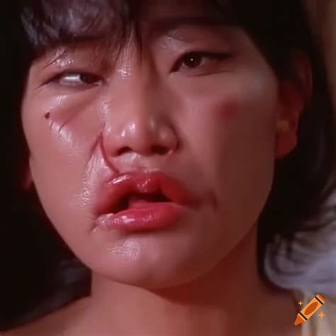 asian woman fighter with bruised face and dizzy expression reminiscent of 80s movie scene on
