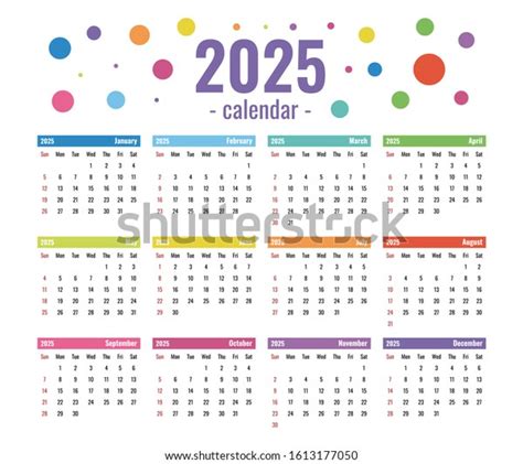 2025 Calendar Template Everyday Use Colorful Stock Vector Royalty Free