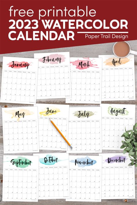 2023 Printable Calendar Watercolor Paper Trail Design