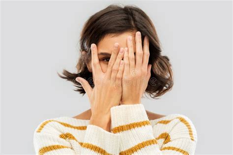 Afraid Frightened Woman Peeking Through Her Fingers Stock Image Image