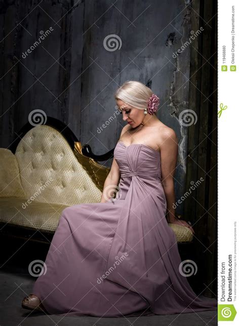 Beautiful Blonde Woman In Long Pink Dress Stock Photo Image Of Makeup