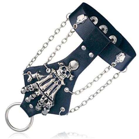Gothic Skeleton Chain Leather Wristband Queerks