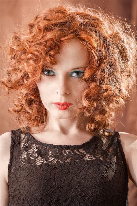 Portrait Of Beautiful Woman With Long Curly Red Stock Image Image Of