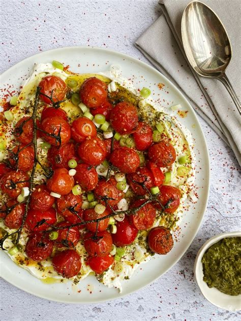 levantine labneh with green harissa roast cherry tomatoes and dukkah cardamom and dill